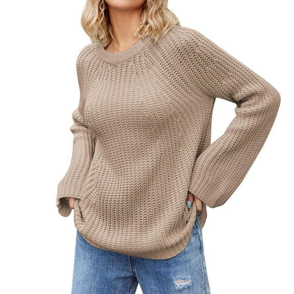 Duoif Sweaters for Women Trendy Women's Casual Long Sleeve Pullover Sweaters Crew Neck Oversized Ribbed Knit 2025 Fall Winter Sweater Jumper Tops Women's Sweaters Womens Tops Khaki M