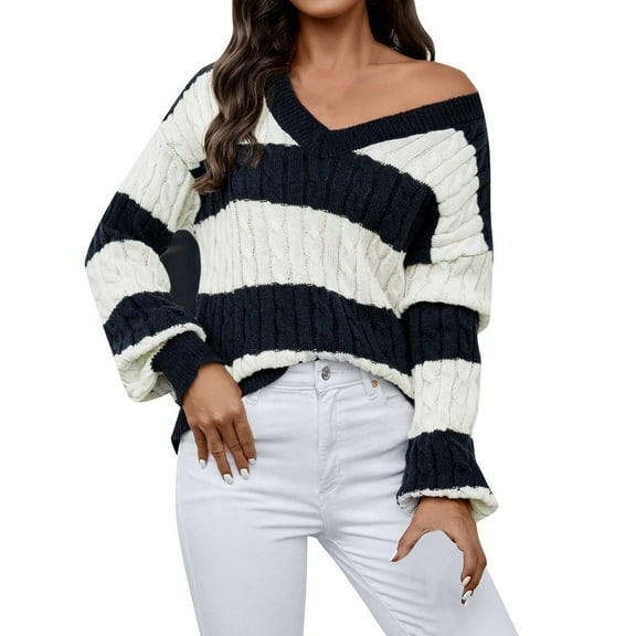 Duoif Sweaters for Women Trendy Women's College Knit Sweater Top Patchwork Colorblocked Pullover V Neck Sleeve Sweater Women's Sweaters Womens Tops Blue S