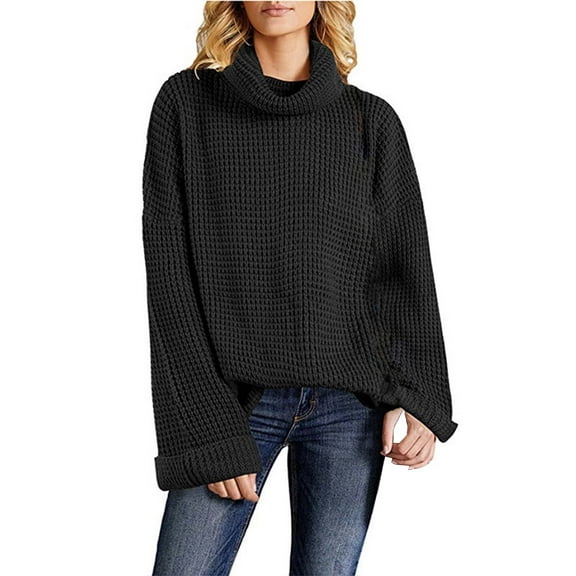 Duoif Sweaters for Women Trendy Women's Elegant Turtleneck Sweaters Oversized Long Sleeve Chunky Knit Sweater Fall Winter Casual Solid Pullover Tops Women's Sweaters Womens Tops Black XL