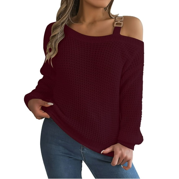Duoif Sweaters for Women Trendy Women's Fall/Winter Casual Metal Buckle Spliced Off The Shoulder Sleeve Pullover Sweater Women's Sweaters Womens Tops Red L