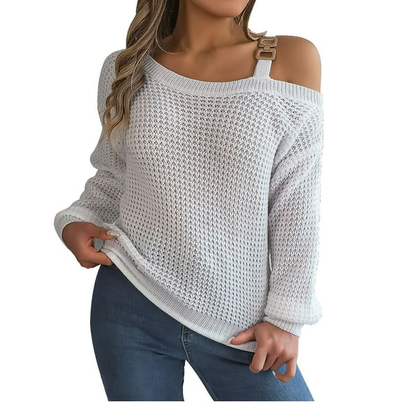 Duoif Sweaters for Women Trendy Women's Fall/Winter Casual Metal Buckle Spliced Off The Shoulder Sleeve Pullover Sweater Women's Sweaters Womens Tops White L