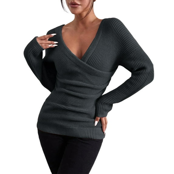 Duoif Sweaters for Women Trendy Women's Fall and Winter Solid Color V Neck Comfort Fit Knit Off The Shoulder Casual Pullover Sweater Women's Sweaters Womens Tops Dark Gray L