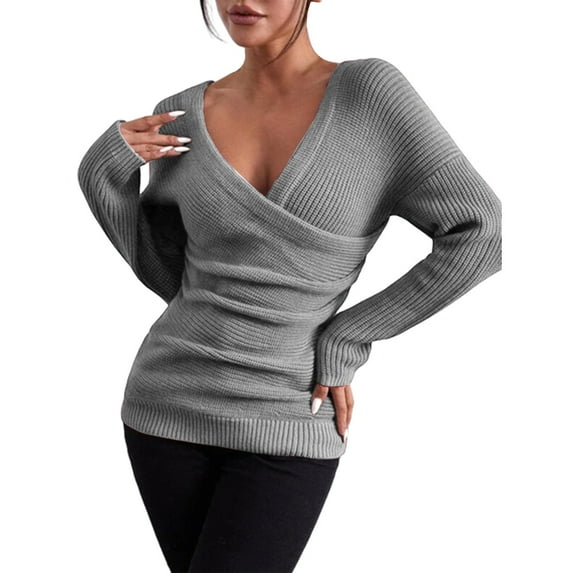 Duoif Sweaters for Women Trendy Women's Fall and Winter Solid Color V Neck Comfort Fit Knit Off The Shoulder Casual Pullover Sweater Women's Sweaters Womens Tops Grey M