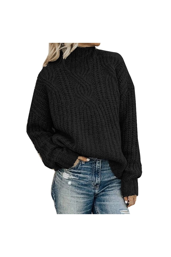 Sweaters for Women Trendy Women's Fall and Winter Turtleneck Solid Color Knit Closing Sleeve Suitable for Daily Commute Wear Casual Lohas Time Pullover Sweater Womens Sweaters Black XXL