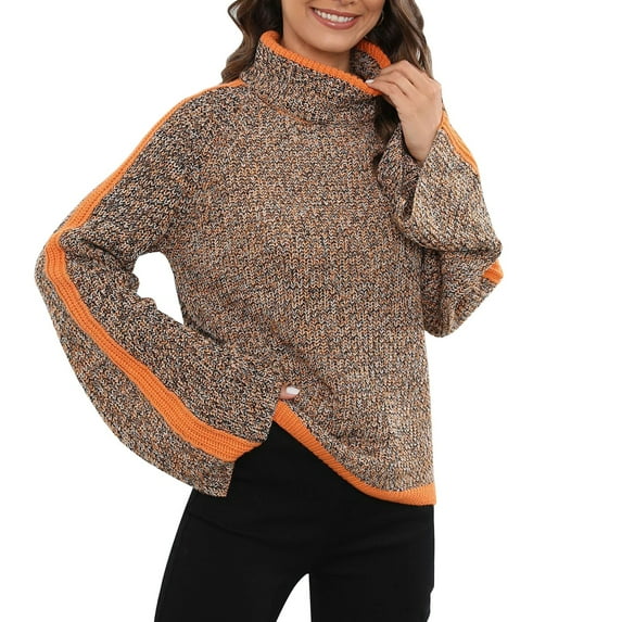 Duoif Sweaters for Women Trendy Women's Fashion Loose Drop Shoulder Patchwork Mixed Color Long Sleeved Turtleneck Sweater Women's Sweaters Womens Tops Yellow S