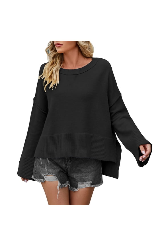 Sweaters for Women Trendy Women's Fashion Solid Color Crew Neck Sweater Loose Flared Sleeve Pullover Sweater Women's Sweaters Womens Tops Black L