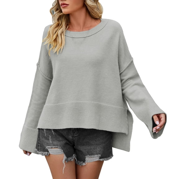 Duoif Sweaters for Women Trendy Women's Fashion Solid Color Crew Neck Sweater Loose Flared Sleeve Pullover Sweater Women's Sweaters Womens Tops Grey L