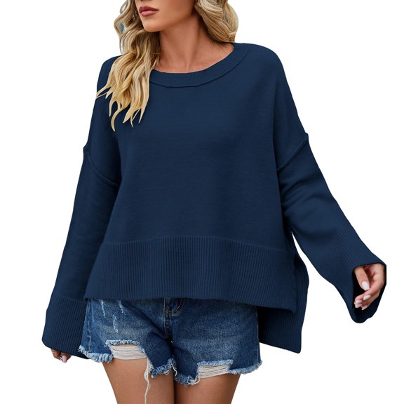 Duoif Sweaters for Women Trendy Women's Fashion Solid Color Crew Neck Sweater Loose Flared Sleeve Pullover Sweater Women's Sweaters Womens Tops Navy S