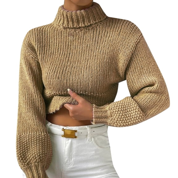 Duoif Sweaters for Women Trendy Women's Fashion Turtleneck Sweater Long Sleeve Knitted Casual Sweater Pullover Sweater Women's Sweaters Womens Tops Khaki L