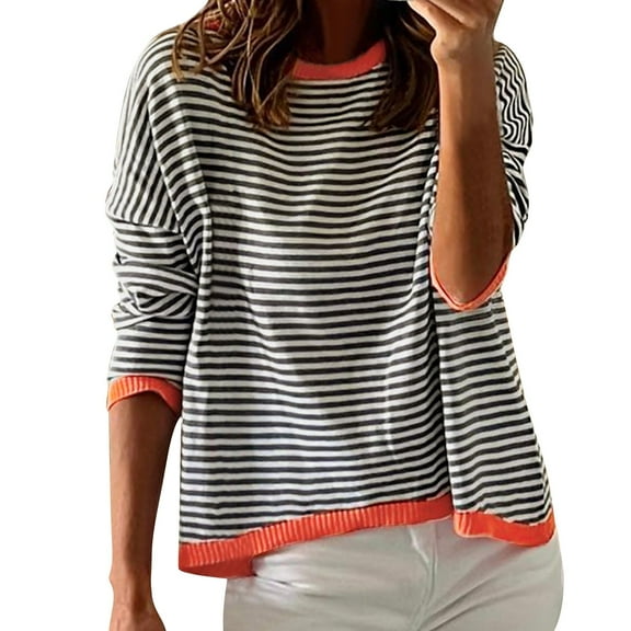 Duoif Sweaters for Women Trendy Women's Knitted Sweater Stripe Contrast Color Design Drop Shoulder Long Sleeve Pullover Casual Women's Sweaters Womens Tops White M