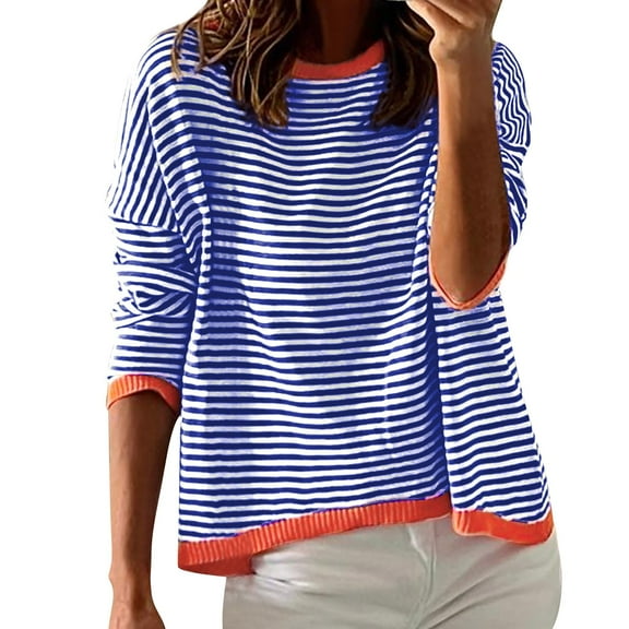 Duoif Sweaters for Women Trendy Women's Knitted Sweater Stripe Contrast Color Design Drop Shoulder Long Sleeve Pullover Casual Women's Sweaters Womens Tops Blue1 L