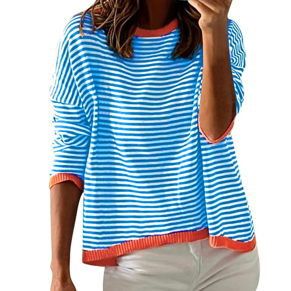 Duoif Sweaters for Women Trendy Women's Knitted Sweater Stripe Contrast Color Design Drop Shoulder Long Sleeve Pullover Casual Women's Sweaters Womens Tops Blue2 L