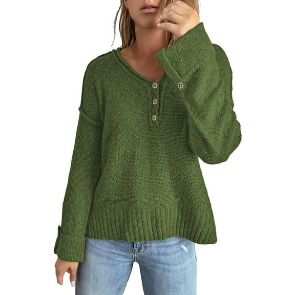 Duoif Sweaters for Women Trendy Women's Long Sleeve Solid Colour V Neck Sweater Loose Button Knit Shoulder Drop Sweater Women's Sweaters Womens Tops Green XXXL