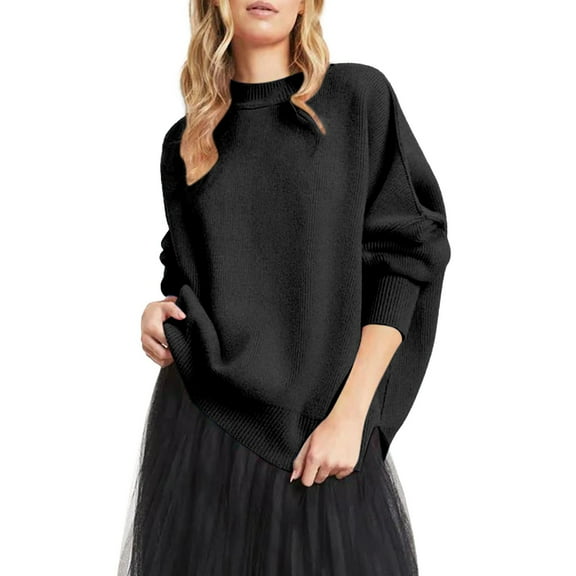 Duoif Sweaters for Women Trendy Women's Round Neck Batwing Sleeve Oversized Side Slit Ribbed Pullover Sweater Top Women's Sweaters Womens Tops Black L