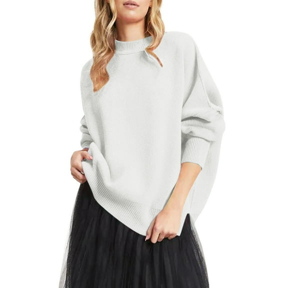 Duoif Sweaters for Women Trendy Women's Round Neck Batwing Sleeve Oversized Side Slit Ribbed Pullover Sweater Top Women's Sweaters Womens Tops White S
