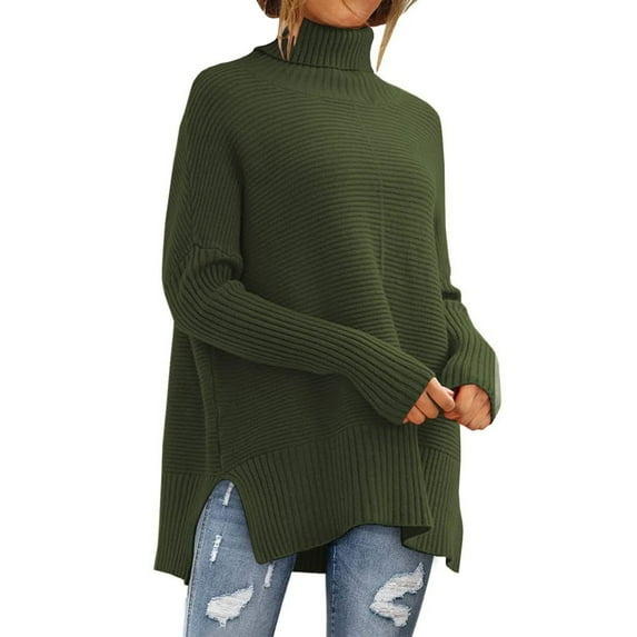 Duoif Sweaters for Women Trendy Women's Solid Color Turtleneck Long Sleeved Knitted Comfortable Pullover Sweater Women's Sweaters Womens Tops Army Green M