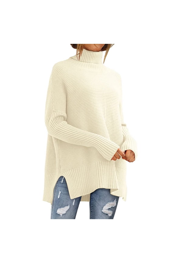 Sweaters for Women Trendy Women's Solid Color Turtleneck Long Sleeved Knitted Comfortable Pullover Sweater Women's Sweaters Womens Tops Beige XL