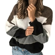 DUOIF Sweaters for Women Trendy Women's Sweaters Casual Long Sleeve Crewneck Color Block Patchwork Pullover Knit Sweater Tops Women's Sweaters Womens Tops Black L
