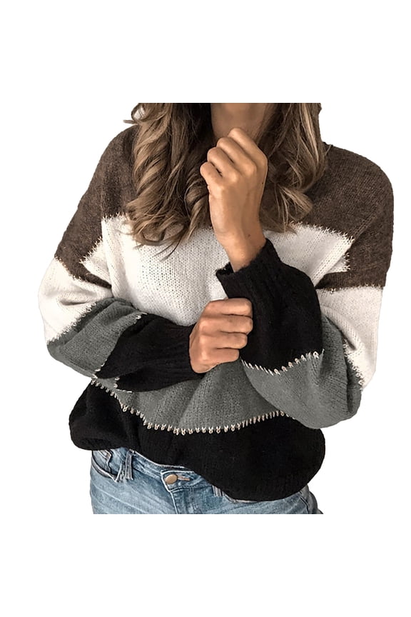 Sweaters for Women Trendy Women's Sweaters Casual Long Sleeve Crewneck Color Block Patchwork Pullover Knit Sweater Tops Women's Sweaters Womens Tops Black M