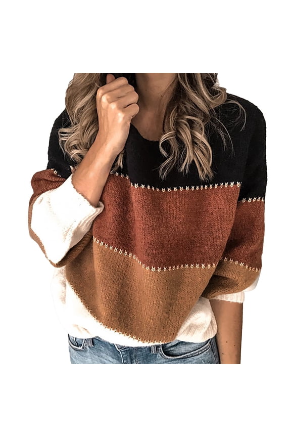 Sweaters for Women Trendy Women's Sweaters Casual Long Sleeve Crewneck Color Block Patchwork Pullover Knit Sweater Tops Women's Sweaters Womens Tops Khaki M