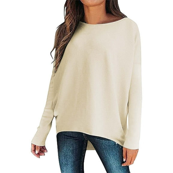 Duoif Sweaters for Women Trendy Womens Long Batwing Sleeve Boat Neck Tunic Pullover Sweaters Off The Shoulder Baggy Top Winter Women's Sweaters Womens Tops Beige M
