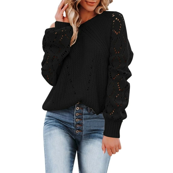 Duoif Sweaters for Women Trendy Womens Off Shoulder Tops Long Sleeve Knit Shirt Crew Neck Pullover Sweater Jumper Tops Casual Warm Sweater Women's Sweaters Womens Tops Black XXL