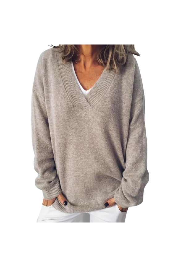 Sweaters for Women, Women's V Neck Shoulder Sweater Knitted Top Outer Sweater Autumn and Winter Long Sleeved Solid Color Pullover Womens Sweaters Khaki L