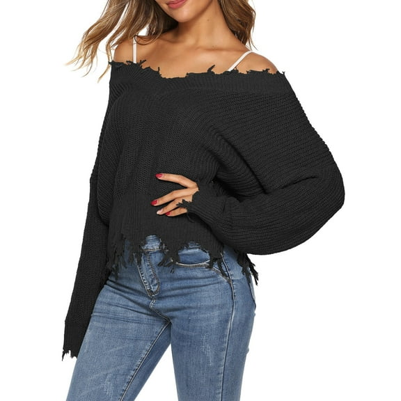 Duoif Sweaters for Women Trendy Deep V Thickened Woven Blouse Irregular Fringe Loose Pullover Sweater Lady Women's Sweaters Womens Tops Black S
