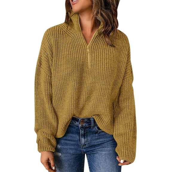 Duoif Sweaters for Women Trendy Kint Long Sleeve 1/4 Zip Pullover Turtleneck Sweater for Women, Women's Sweaters Womens Tops Yellow L