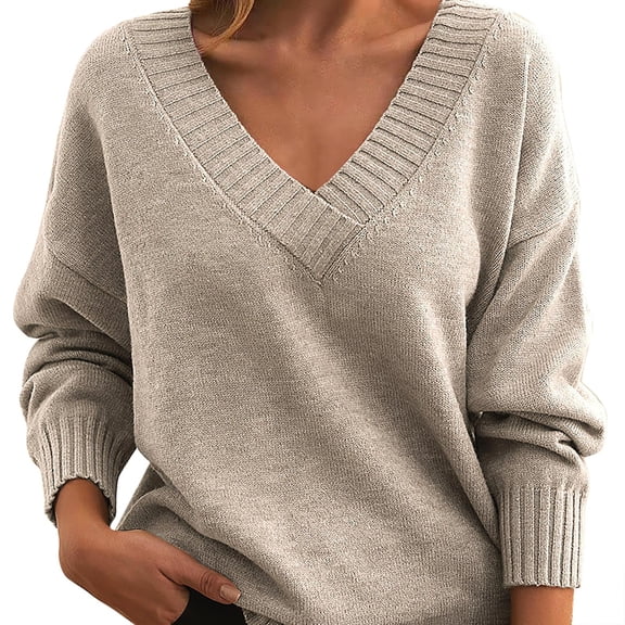 Duoif Sweaters for Women Trendy Knit Pullover Women Loose V Neck Casual All Knitwear Women, Women's Sweaters Womens Tops Beige L