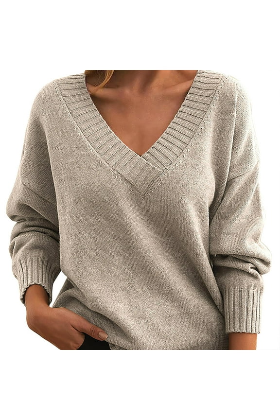 Sweaters for Women Trendy Knit Pullover Women Loose V Neck Casual All Knitwear Women, Women's Sweaters Womens Tops Beige XL