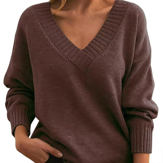 Duoif Sweaters for Women Trendy Knit Pullover Women Loose V Neck Casual All Knitwear Women, Women's Sweaters Womens Tops Coffee L