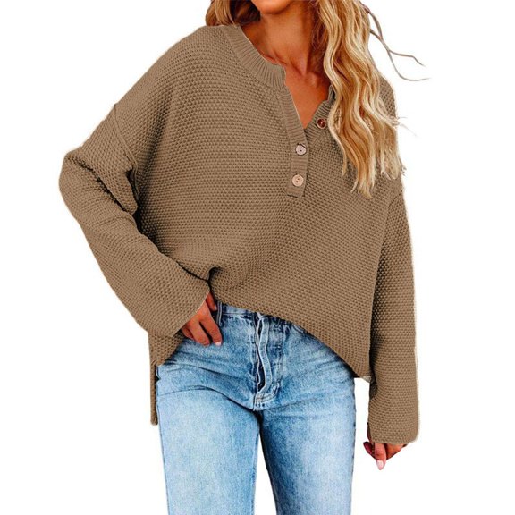 Duoif Sweaters for Women Trendy Ladies Long Sleeve V Neck Button Knitted Autumn Pullover Sweater Casual Pullover Women's Sweaters Womens Tops White L