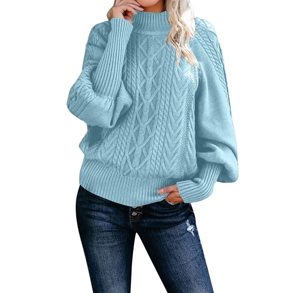 Duoif Sweaters for Women Trendy Ladies Mid Neck Sweater Loose Long Sleeve Knit Solid Color Sweater Pullover Top Women's Sweaters Womens Tops Blue XXL