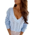 thumbnail image 1 of Duoif Sweaters for Women Trendy Women Casual Solid Color Hollow V Neck Knit Sweater Women's Sweaters Womens Tops Light Blue L, 1 of 7