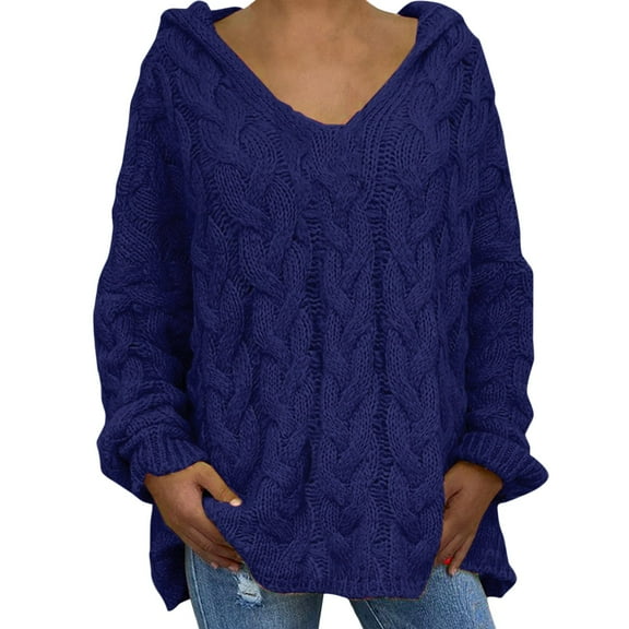 Duoif Sweaters for Women Trendy Women Fashion Loose Large Size Solid Color Hood Long Sleeves Sweater Tops Women's Sweaters Womens Tops Dark Blue XXXL