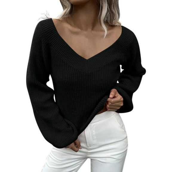 Duoif Sweaters for Women Trendy Women Fashion Solid Color Long Sleeve V Neck Loose Knit Pullover Sweater Women's Sweaters Womens Tops Black L