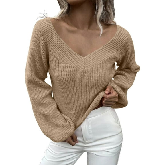 Duoif Sweaters for Women Trendy Women Fashion Solid Color Long Sleeve V Neck Loose Knit Pullover Sweater Women's Sweaters Womens Tops Khaki S