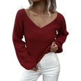 thumbnail image 1 of Duoif Sweaters for Women Trendy Women Fashion Solid Color Long Sleeve V Neck Loose Knit Pullover Sweater Women's Sweaters Womens Tops Red M, 1 of 6