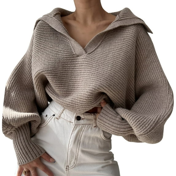 Duoif Sweaters for Women Trendy Women Long Sleeve V Neck Knitted Pullover Sweater Jumper Lapel Tops Women's Sweaters Womens Tops Khaki M