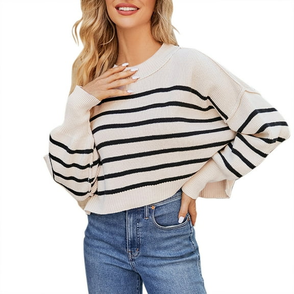 Duoif Sweaters for Women Trendy Women's Autumn/Winter Round Neck Long Sleeve Stripe Loose Short Pullover Sweater Women's Sweaters Womens Tops B S