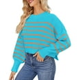 thumbnail image 1 of Duoif Sweaters for Women Trendy Women's Autumn/Winter Round Neck Long Sleeve Stripe Loose Short Pullover Sweater Women's Sweaters Womens Tops Blue S, 1 of 4
