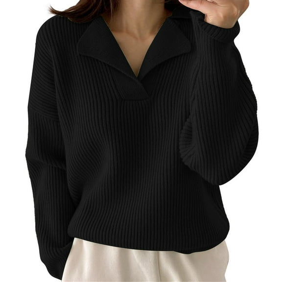 Duoif Sweaters for Women Trendy Women's Autumn and Winter New Half Open Collar Pullover Long Sleeve Loose Knit Women's Sweaters Womens Tops Black