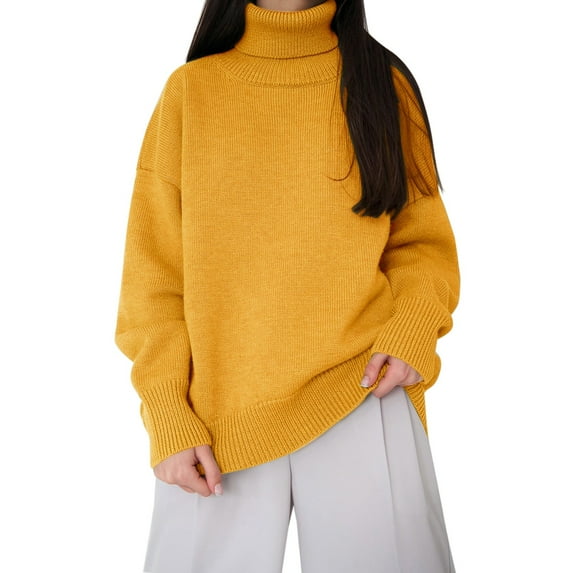Duoif Sweaters for Women Trendy Women's Autumn and Winter New Neck Loose Versatile Solid Color Pullover Sweater Women's Sweaters Womens Tops Yellow S
