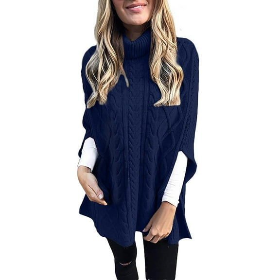 Duoif Sweaters for Women Trendy Women's Fashion Turtleneck Solid Color Sweater Loose Pullover Shawl Sweater Women's Sweaters Womens Tops Blue2 XXXL