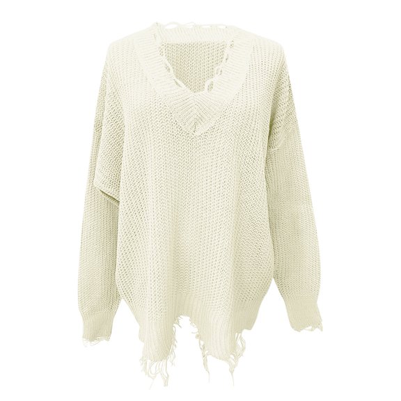 Duoif Sweaters for Women Trendy Women's Irregular Fringe Casual Top Fall or Winter Knitted Loose Sweater Women's Sweaters Womens Tops White M