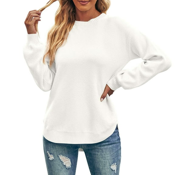 Duoif Sweaters for Women Trendy Women's Long Balloon Sleeve Crew Neck Sweater Tops Knit Soft Pullover Jumper Women's Sweaters Womens Tops White1 L