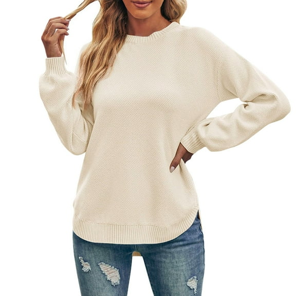 Duoif Sweaters for Women Trendy Women's Long Balloon Sleeve Crew Neck Sweater Tops Knit Soft Pullover Jumper Women's Sweaters Womens Tops White2 M