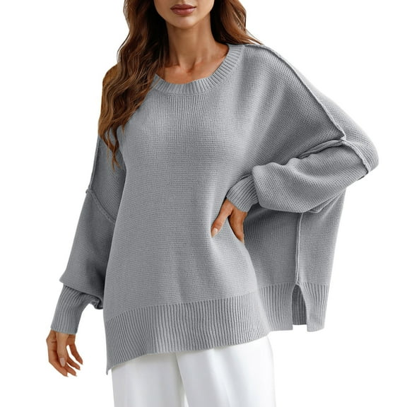 Duoif Sweaters for Women Trendy Women's Long Batwing Sleeve Crewneck Side Slit Knit Pullover Sweater Tops Women's Sweaters Womens Tops A L
