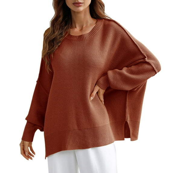 Duoif Sweaters for Women Trendy Women's Long Batwing Sleeve Crewneck Side Slit Knit Pullover Sweater Tops Women's Sweaters Womens Tops D XL